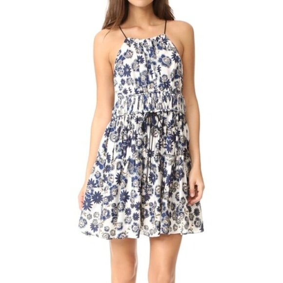 CINQ À SEPT 'Lotus' Floral-Print Sleeveless Silk Mini-Dress, Blue Multi - Picture 1 of 3